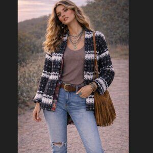 Guadalupe Design Boho Kimono Jacket M Navy Blue White Cotton Open Front India